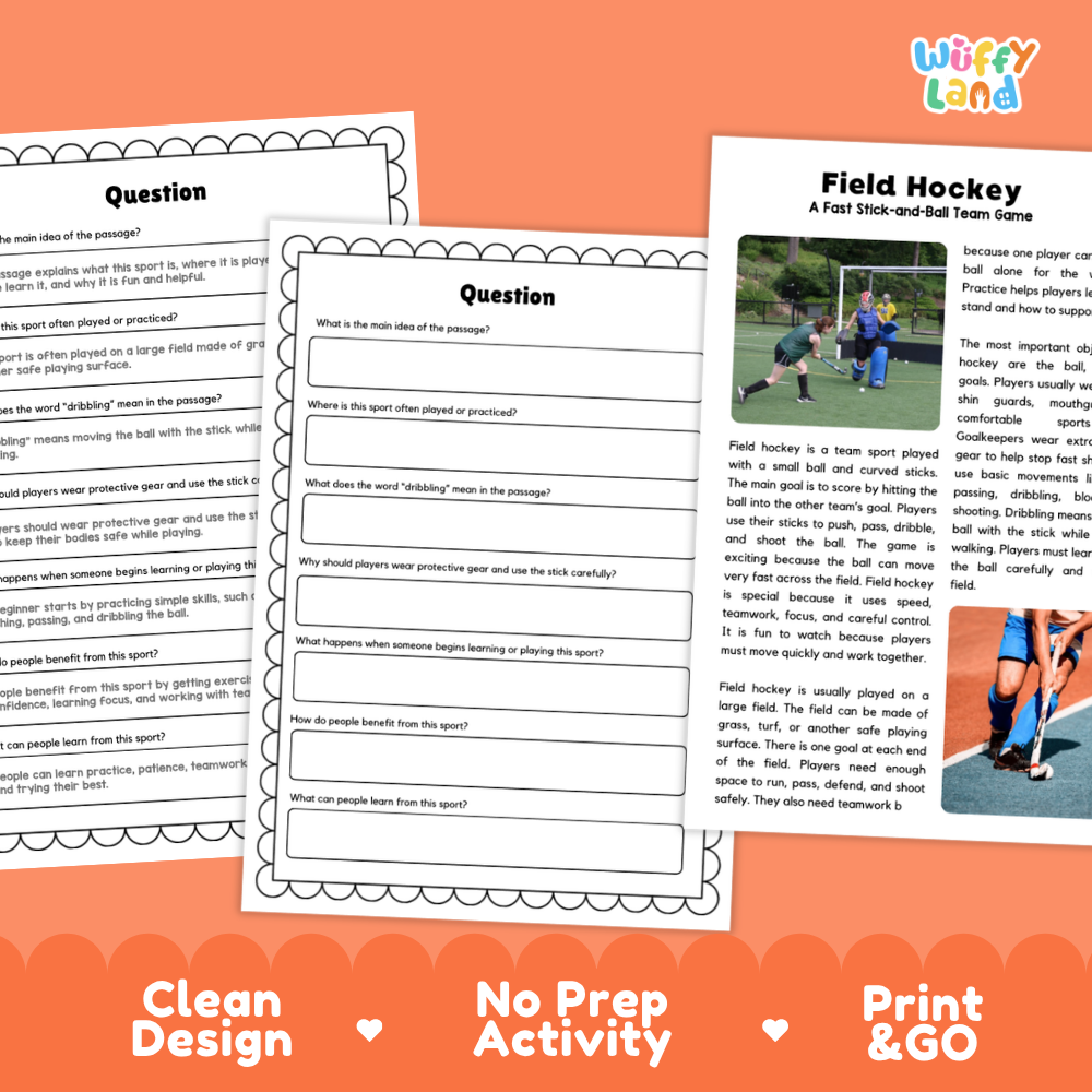 Field Hockey Sports Reading Passages and Comprehension Questions Worksheets