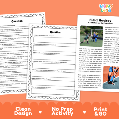 Field Hockey Sports Reading Passages and Comprehension Questions Worksheets
