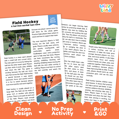 A printed educational poster or booklet cover about field hockey, shown as a clean product-style graphic with text blocks, a small action photo, and decorative red callout labels reading 'Clean Design,' 'No Prep Activity,' and 'Print & GO.'.