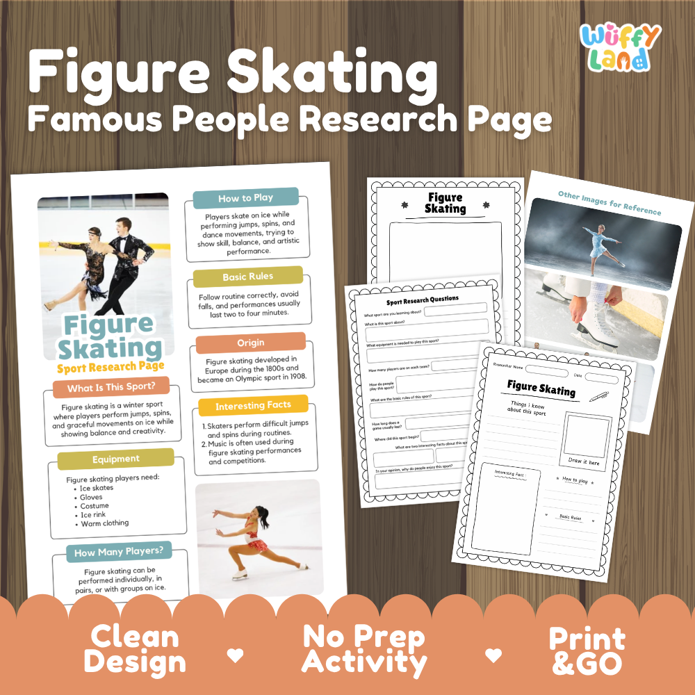 Figure Skating Famous People Research Page activity sheet set by Wiffy Land, displayed on a dark wood background. The set includes a main poster with colorful educational facts, two reference image pages, and a worksheet, with promotional text at the bottom.