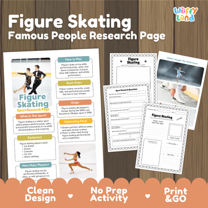 Figure Skating Famous People Research Page activity sheet set by Wiffy Land, displayed on a dark wood background. The set includes a main poster with colorful educational facts, two reference image pages, and a worksheet, with promotional text at the bottom.