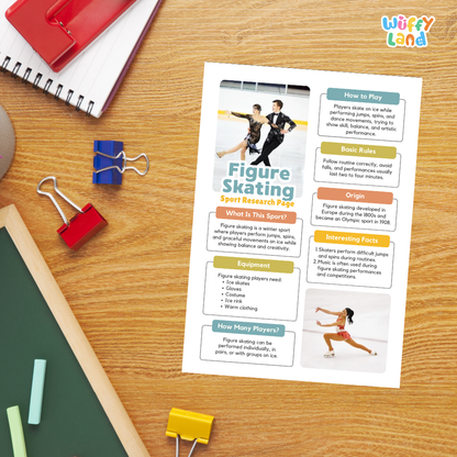 A printed educational poster about figure skating titled 'Figure Skating Sport Research Page' laid on a wooden desk, surrounded by school supplies including a spiral notebook, binder clips, chalk, and a green folder.