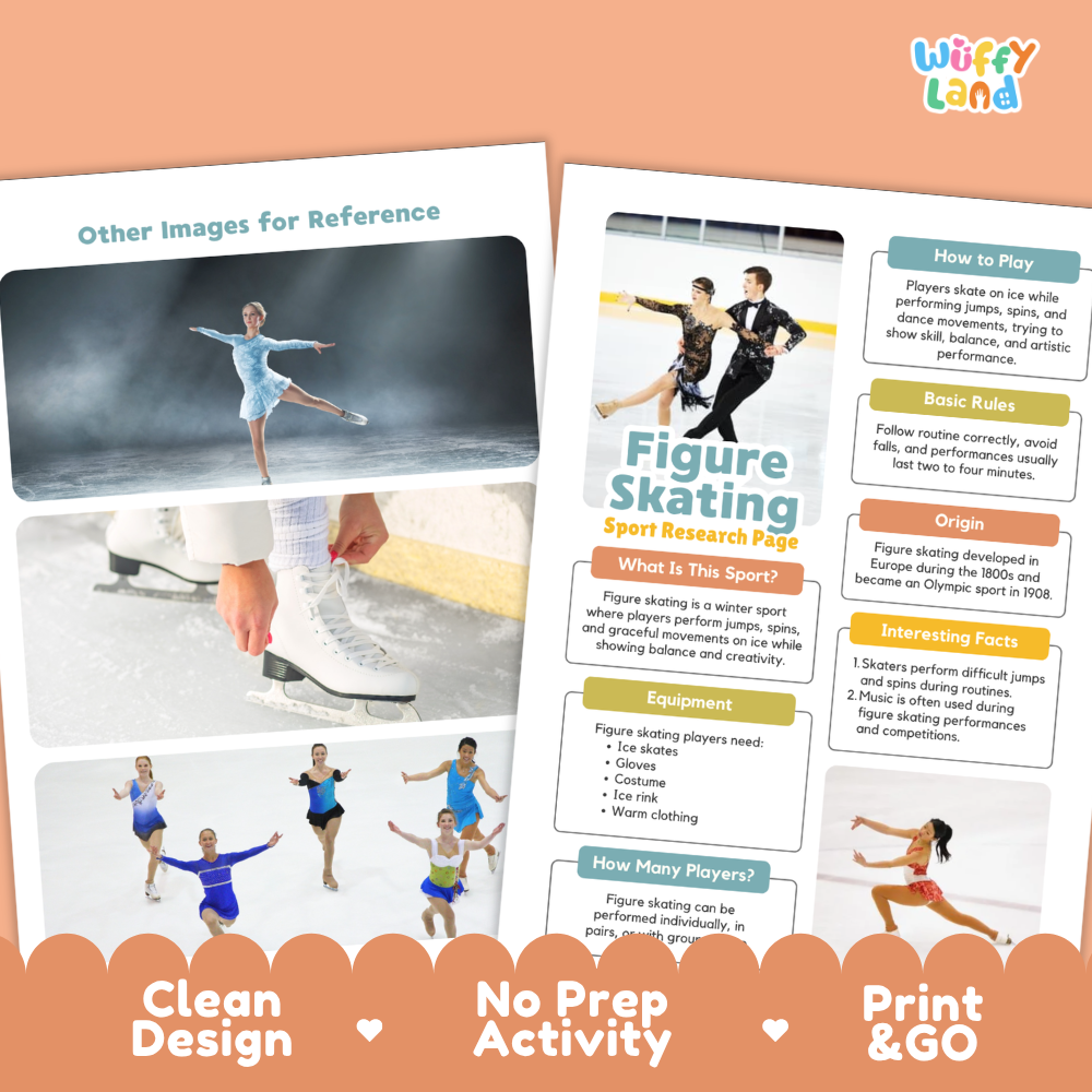 Two printed activity sheets about figure skating are shown on a peach background with decorative text banners at the bottom. The sheets include photos of ice skaters, informational panels on how to play, basic rules, origin, and interesting facts, and are labeled as a clean, prep-free print-and-go activity.