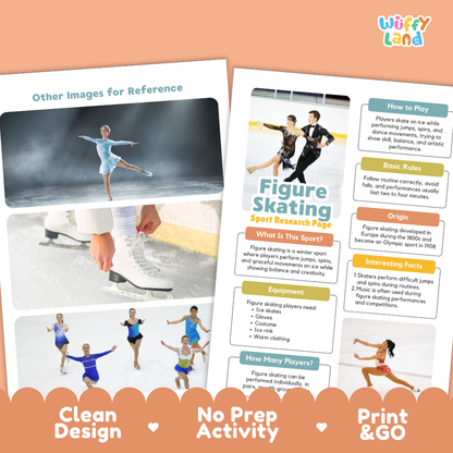 Two printed activity sheets about figure skating are shown on a peach background with decorative text banners at the bottom. The sheets include photos of ice skaters, informational panels on how to play, basic rules, origin, and interesting facts, and are labeled as a clean, prep-free print-and-go activity.