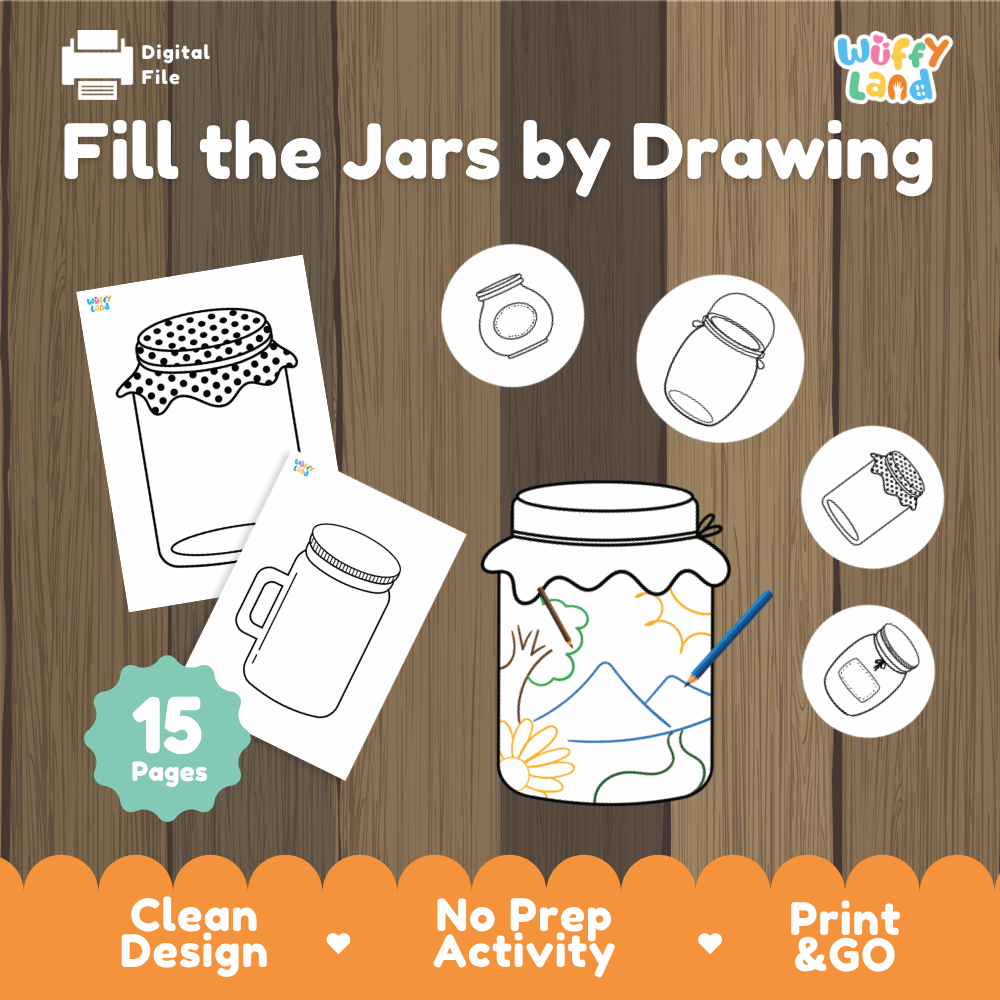 Fill the jars by drawing printable creative art and doodling activity pack overview from Wuffy Land featuring 15 pages 🫙🎨