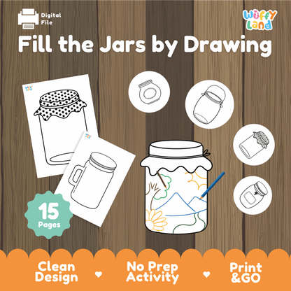 Fill the jars by drawing printable creative art and doodling activity pack overview from Wuffy Land featuring 15 pages 🫙🎨