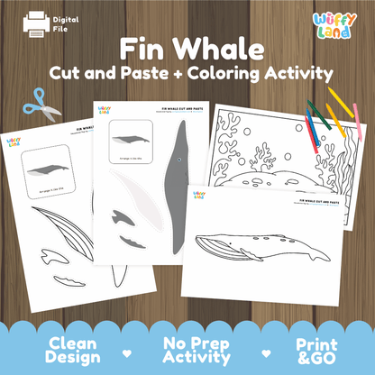 Fin Whale Cut and Paste Craft and Coloring Activity Worksheets
