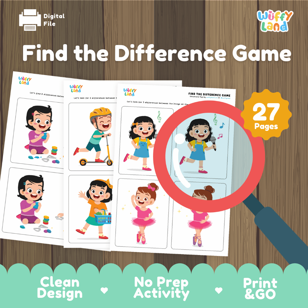 Find the difference game printable visual discrimination activity pack overview from Wuffy Land featuring 27 pages 🔍✨