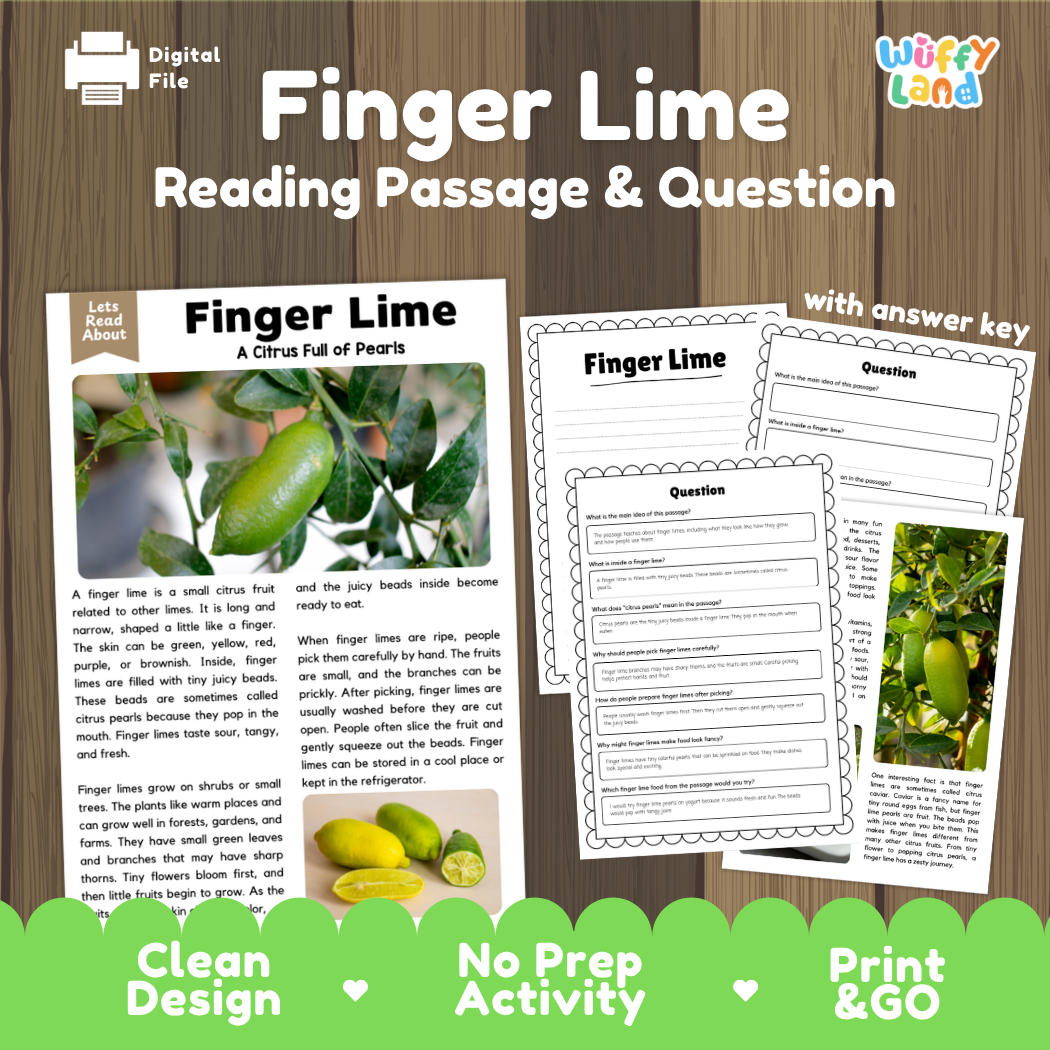 Finger lime reading comprehension passage and questions printable activity pack with answer key for elementary students