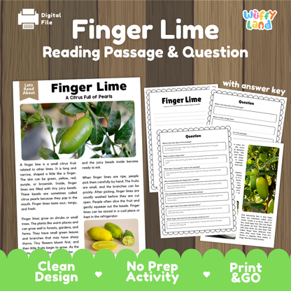 Finger lime reading comprehension passage and questions printable activity pack with answer key for elementary students