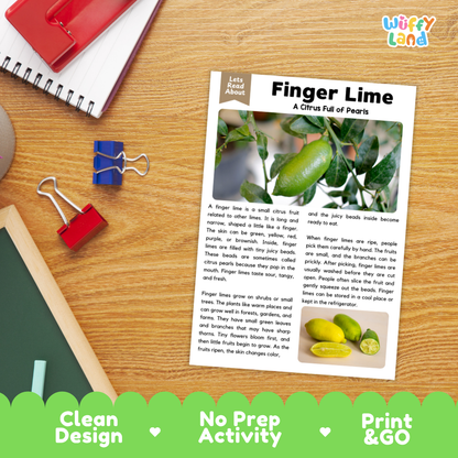 Student reading comprehension worksheet with short-answer questions and lined sections about finger lime citrus pearls