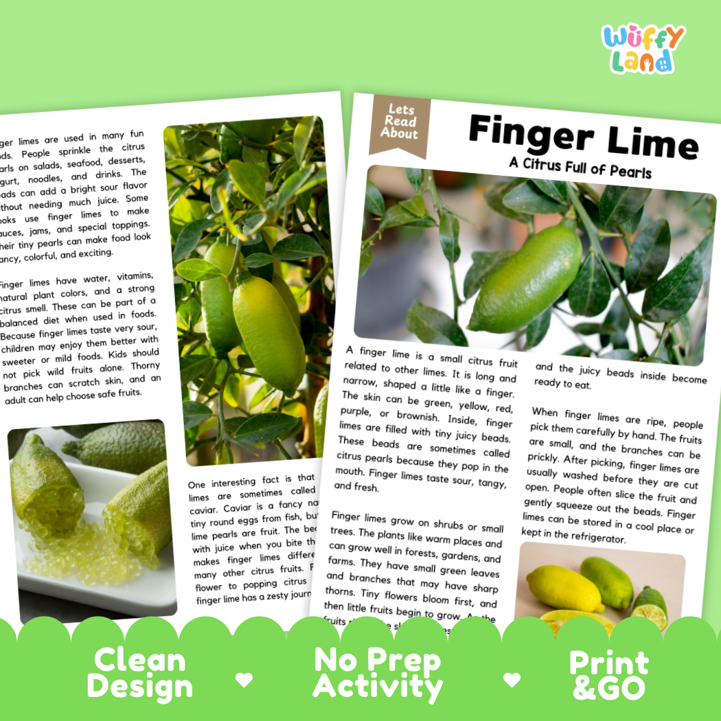 Teacher answer key page showing complete question solutions for finger lime reading comprehension practice