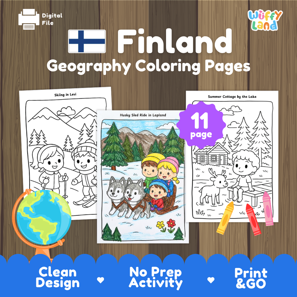Husky sled ride coloring pages paired with photo flashcards of Sibelius Monument, Kemi Snow Castle, Arktikum, and Cinnamon Rolls