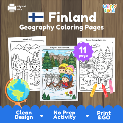 Husky sled ride coloring pages paired with photo flashcards of Sibelius Monument, Kemi Snow Castle, Arktikum, and Cinnamon Rolls