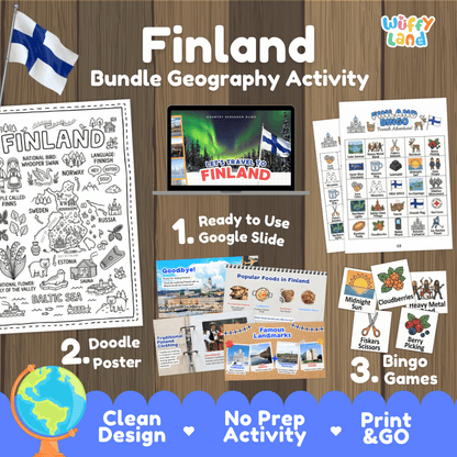 Complete Finland geography activity bundle featuring Google Slides, doodle coloring poster, and classroom bingo games 🇫🇮🎒