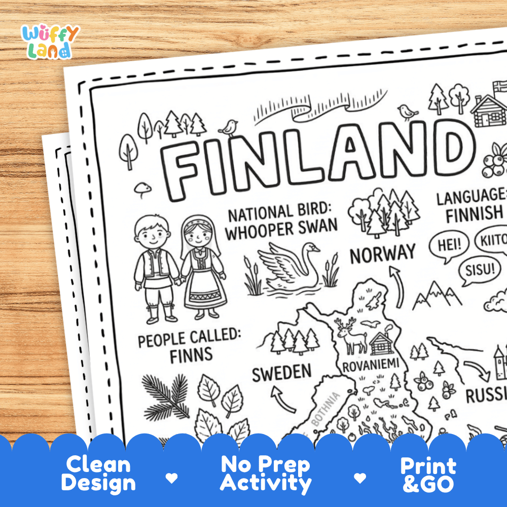 Cultural coloring page featuring traditional Finnish folk costumes, sauna tradition, sisu concept, and Finnish greeting speech bubbles
