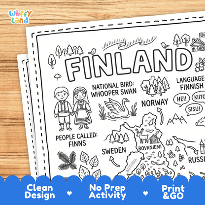 Cultural coloring page featuring traditional Finnish folk costumes, sauna tradition, sisu concept, and Finnish greeting speech bubbles