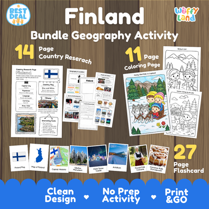 Finland geography activity bundle cover showing 14 country research pages, 11 coloring pages, and 27 photo flashcards