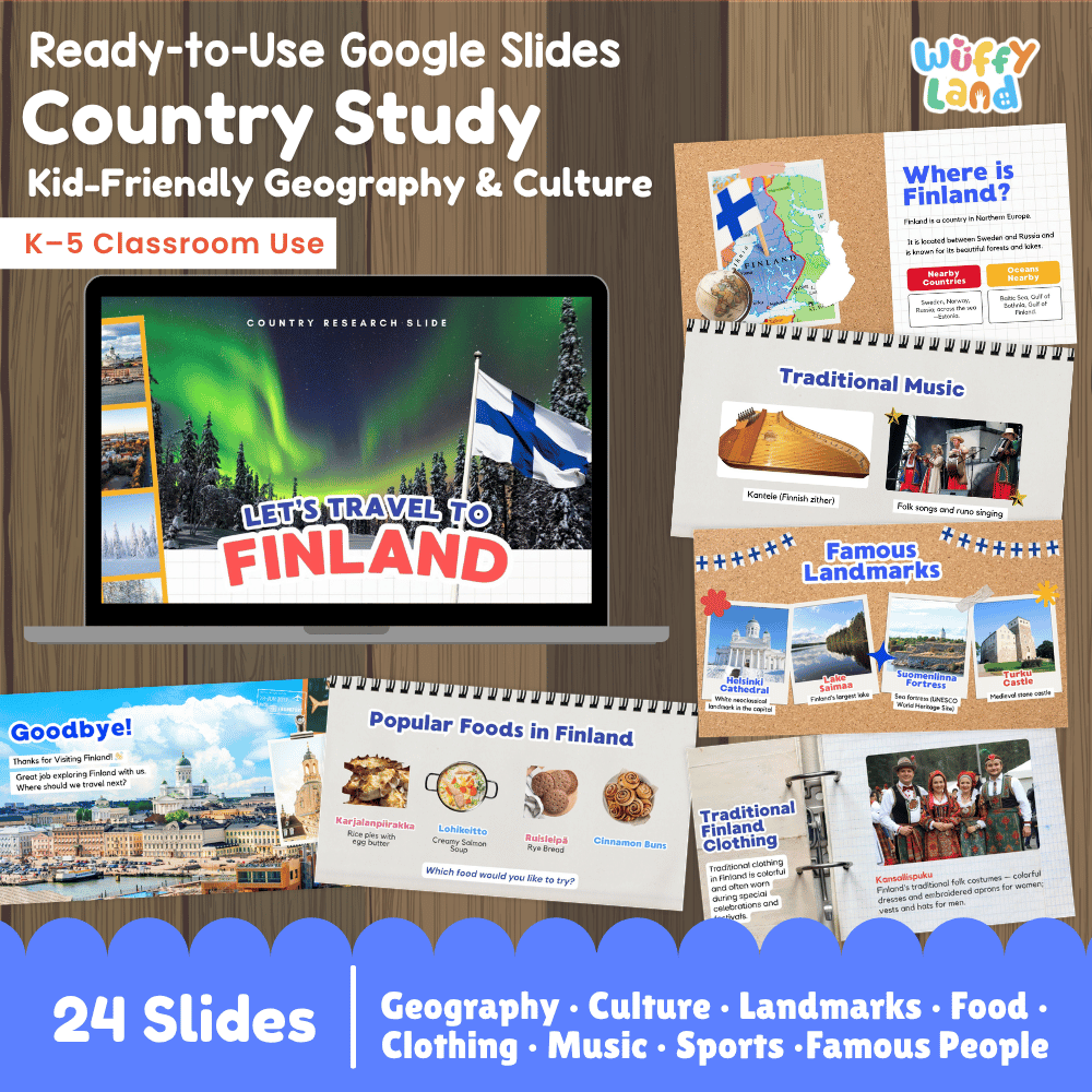 Interactive Google Slides deck displaying famous Finnish landmarks like Helsinki Cathedral and traditional foods like Lohikeitto 💻🏛️