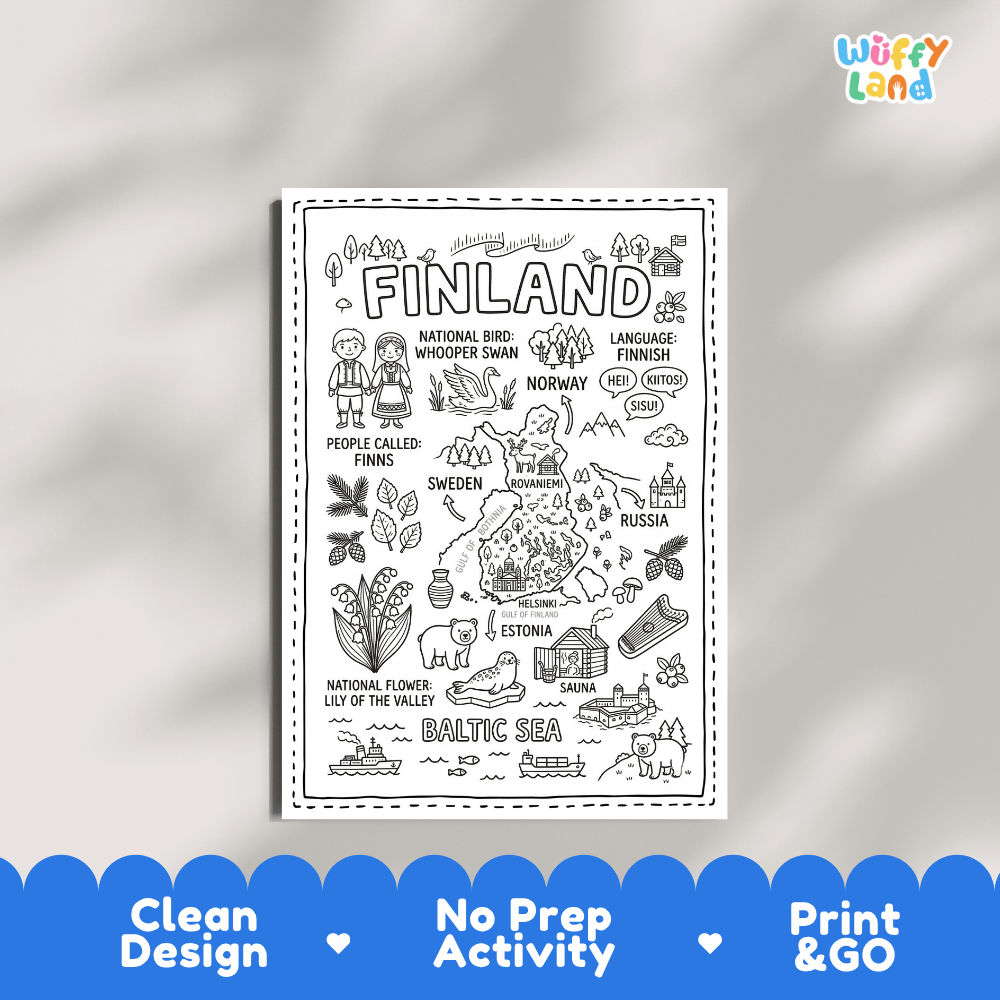 Educational activity coloring page highlighting Finland's national bird the Whooper Swan and national flower Lily of the Valley