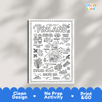 Educational activity coloring page highlighting Finland's national bird the Whooper Swan and national flower Lily of the Valley