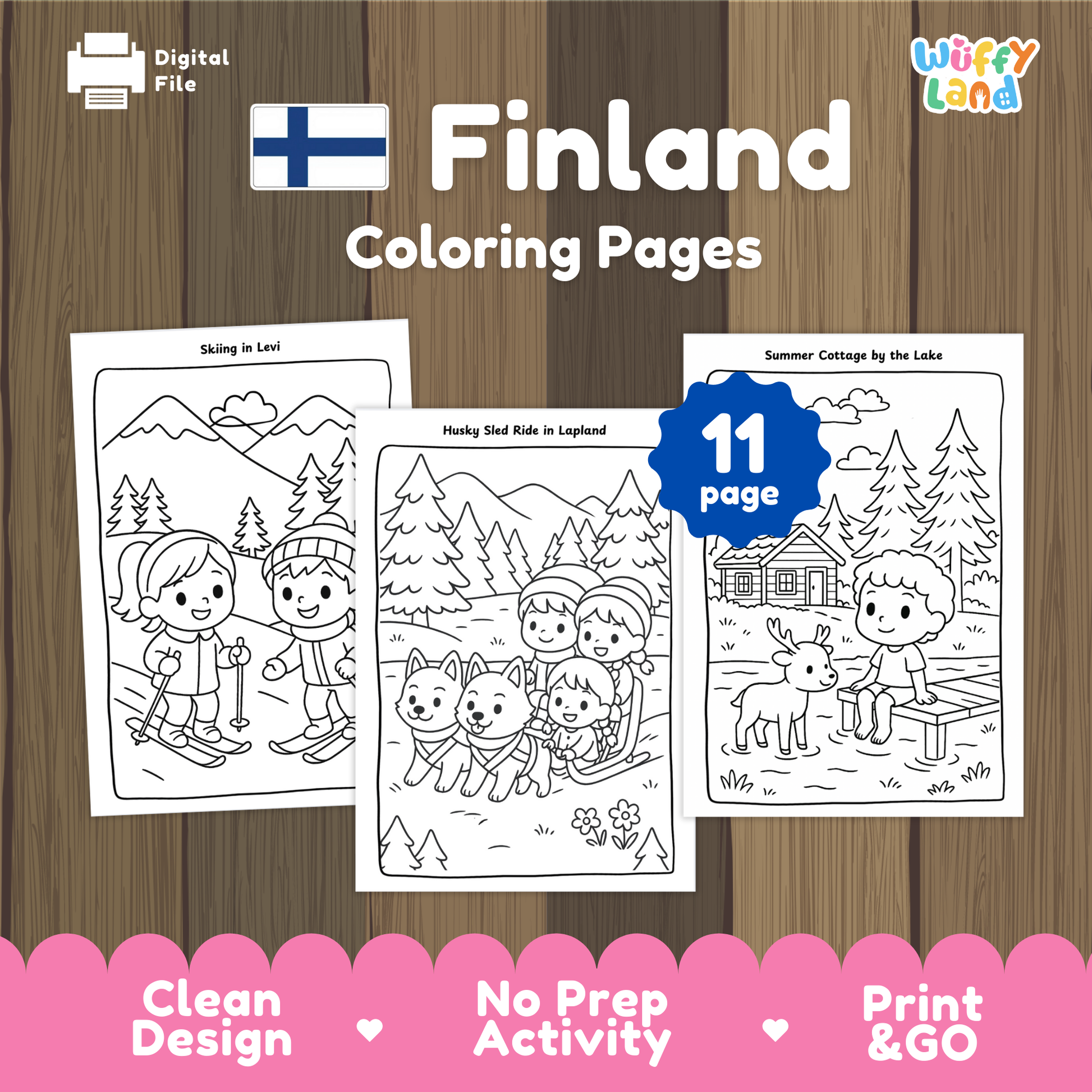 Black-and-white Finland coloring pages for kids featuring three scenes: two children skiing in Levi, a group of kids riding a husky sled in Lapland, and a child sitting on a dock beside a reindeer near a summer cottage by the lake. A badge shows “11 pages.”