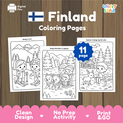 Black-and-white Finland coloring pages for kids featuring three scenes: two children skiing in Levi, a group of kids riding a husky sled in Lapland, and a child sitting on a dock beside a reindeer near a summer cottage by the lake. A badge shows “11 pages.”