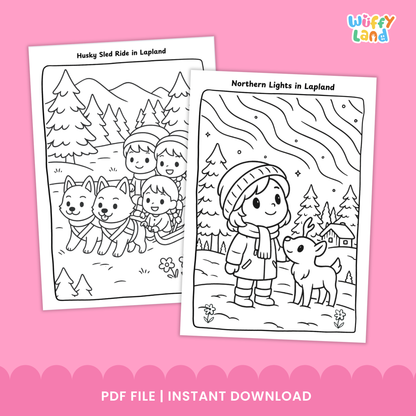 Black-and-white Finland coloring pages for kids featuring three scenes: two children skiing in Levi, a group of kids riding a husky sled in Lapland, and a child sitting on a dock beside a reindeer near a summer cottage by the lake. A badge shows “11 pages.”