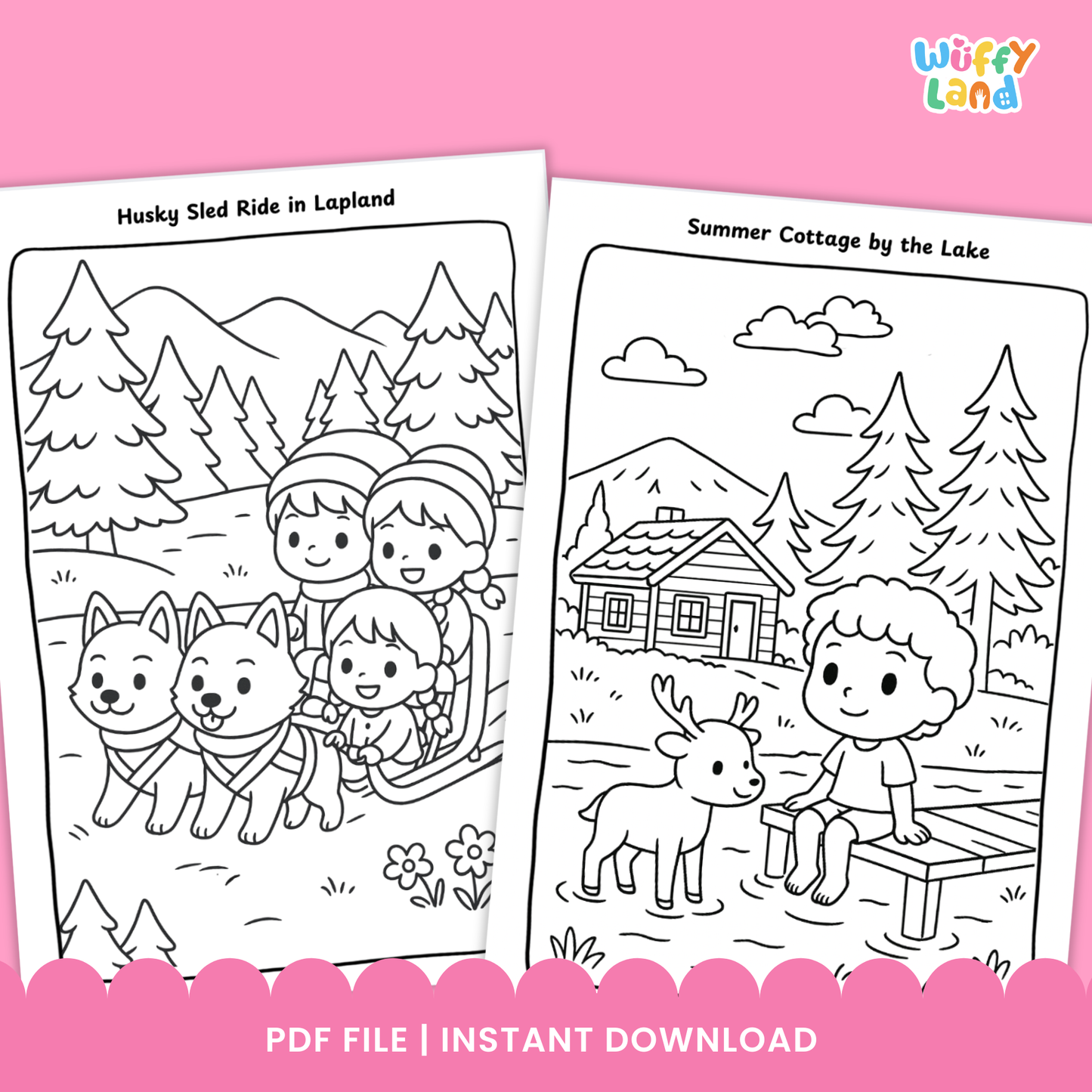 Black-and-white Finland coloring pages for kids featuring three scenes: two children skiing in Levi, a group of kids riding a husky sled in Lapland, and a child sitting on a dock beside a reindeer near a summer cottage by the lake. A badge shows “11 pages.”