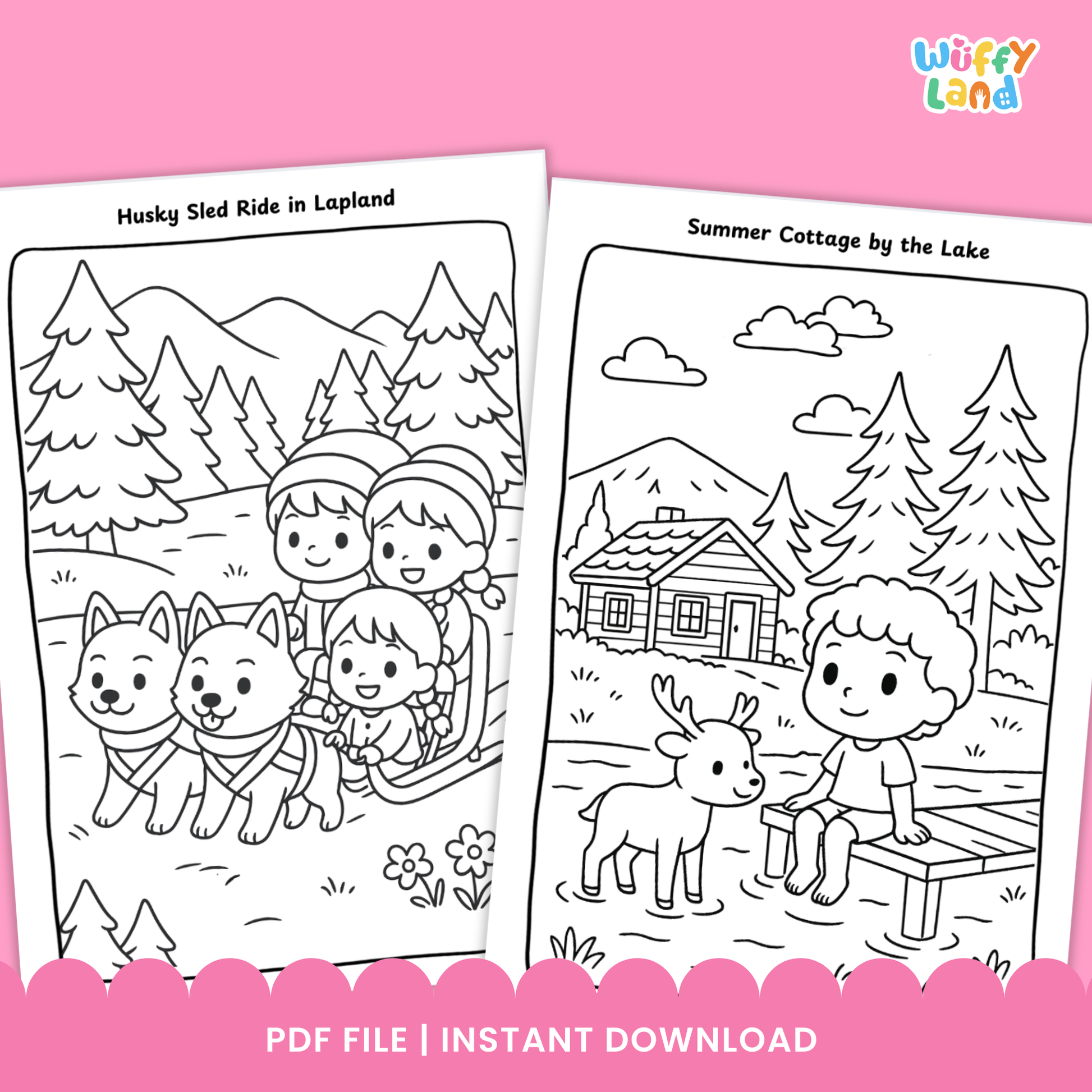Black-and-white Finland coloring pages for kids featuring three scenes: two children skiing in Levi, a group of kids riding a husky sled in Lapland, and a child sitting on a dock beside a reindeer near a summer cottage by the lake. A badge shows “11 pages.”