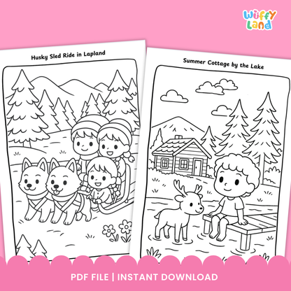 Black-and-white Finland coloring pages for kids featuring three scenes: two children skiing in Levi, a group of kids riding a husky sled in Lapland, and a child sitting on a dock beside a reindeer near a summer cottage by the lake. A badge shows “11 pages.”