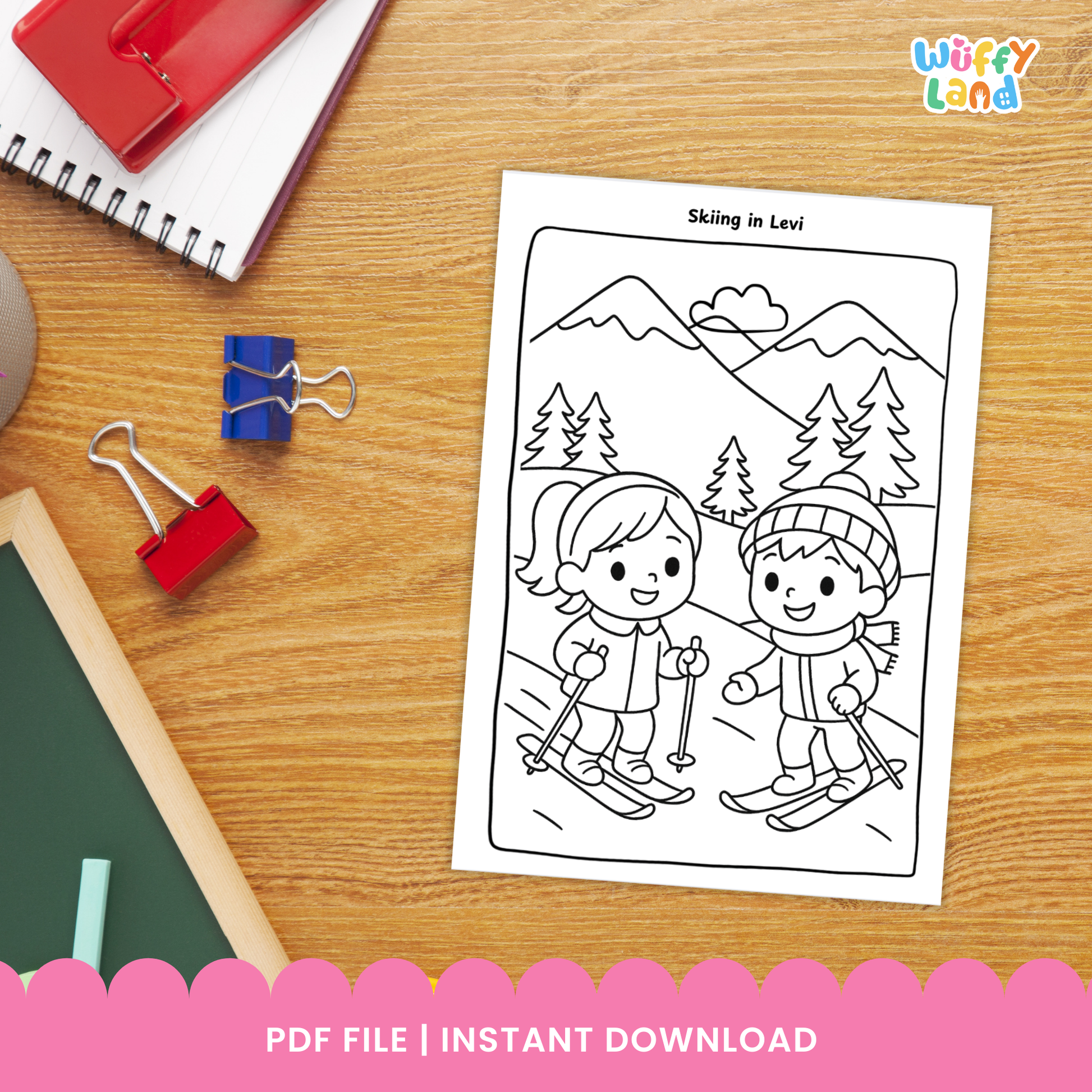 Black-and-white Finland coloring pages for kids featuring three scenes: two children skiing in Levi, a group of kids riding a husky sled in Lapland, and a child sitting on a dock beside a reindeer near a summer cottage by the lake. A badge shows “11 pages.”