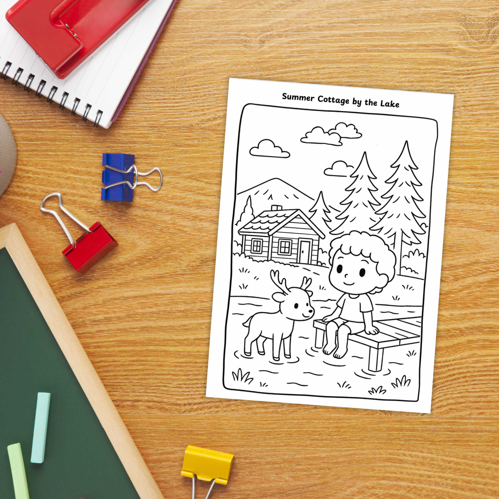 Black-and-white Finland coloring pages for kids featuring three scenes: two children skiing in Levi, a group of kids riding a husky sled in Lapland, and a child sitting on a dock beside a reindeer near a summer cottage by the lake. A badge shows “11 pages.”