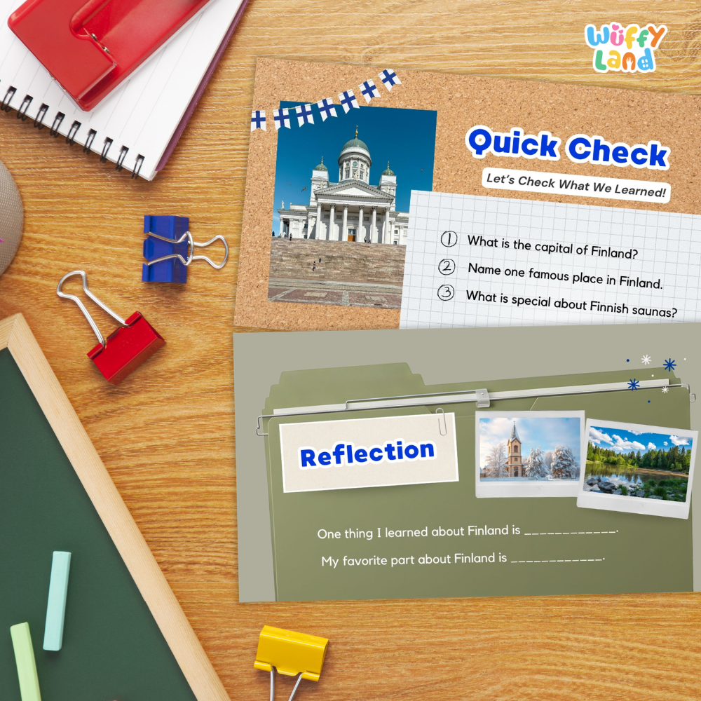 A children's educational worksheet set from 'Wiffy Land' displayed on a wooden desk with school supplies. The set includes a 'Quick Check' worksheet with multiple-choice questions about Germany and a 'Reflection' worksheet with fill-in-the-blank lines.
