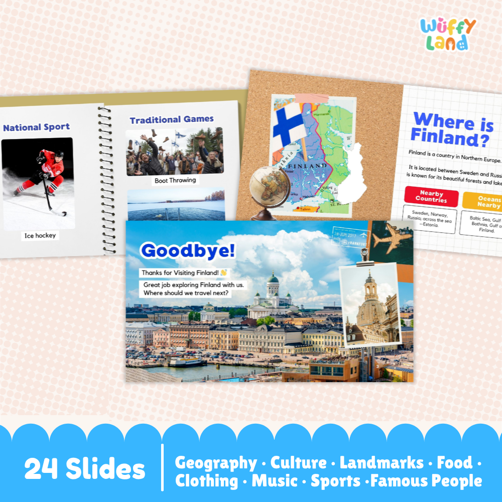 A travel-themed educational slide set titled 'Wuffiy Land' about Finland, shown as a collage of sample slides including a map, sports photo, cityscape, and text panels. The image includes a blue banner at the bottom reading '24 Slides' with subject categories.