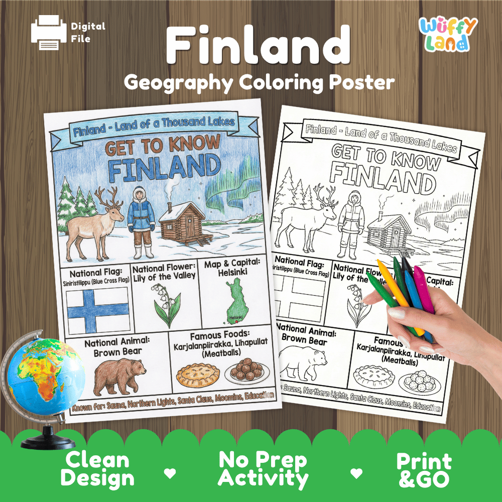 Finland Geography Coloring Poster and Fact Sheet Printables