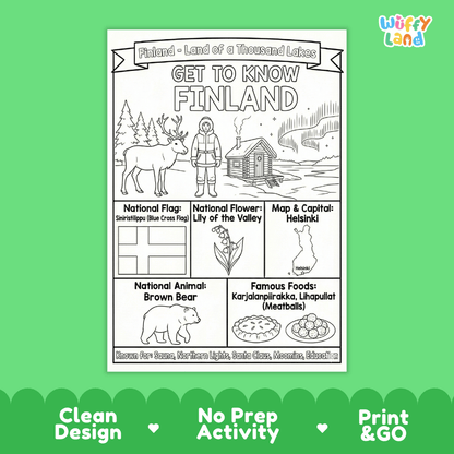 Finland Geography Coloring Poster and Fact Sheet Printables