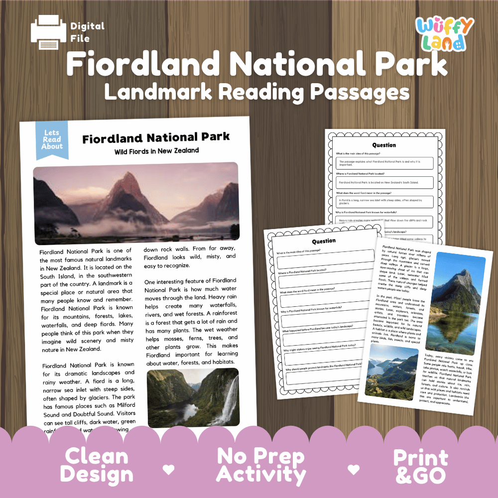 Fiordland National Park landmark reading passages educational study unit featuring nonfiction reading worksheets and authentic New Zealand mountain fiord photography