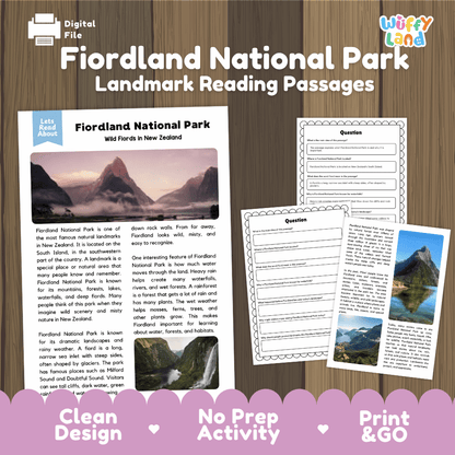 Fiordland National Park landmark reading passages educational study unit featuring nonfiction reading worksheets and authentic New Zealand mountain fiord photography