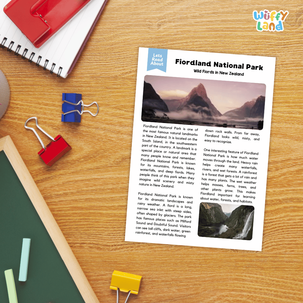 Lined reading comprehension question worksheet covering main ideas vocabulary terms and landmark facts about Fiordland National Park