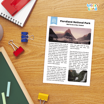 Lined reading comprehension question worksheet covering main ideas vocabulary terms and landmark facts about Fiordland National Park