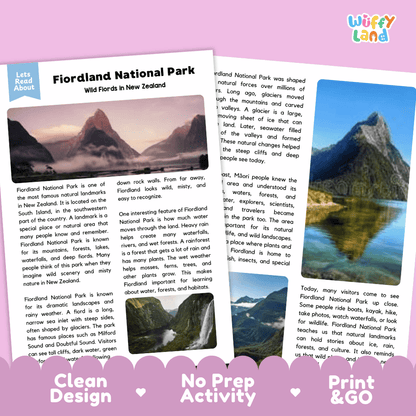 Reference sheet and answer key for Fiordland National Park landmark reading passage displaying completed comprehension answers and New Zealand geography facts
