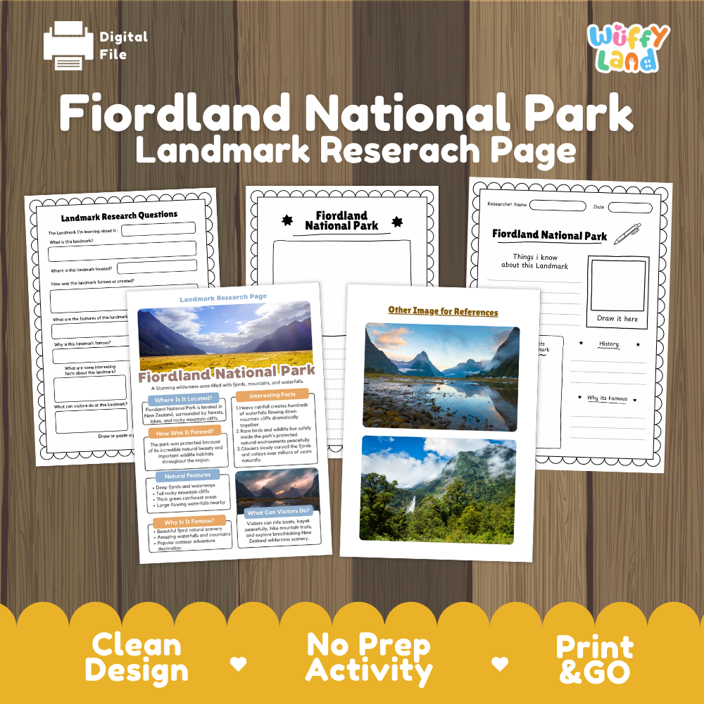 Educational worksheet set for Fiordland National Park, featuring three printed activity pages and a reference sheet displayed on a wood background. The set includes a digital file option and is branded by Wiffly Land.