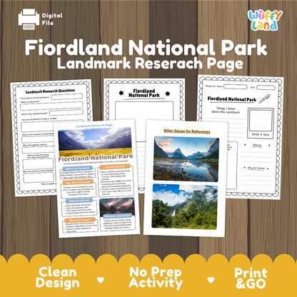 Educational worksheet set for Fiordland National Park, featuring three printed activity pages and a reference sheet displayed on a wood background. The set includes a digital file option and is branded by Wiffly Land.