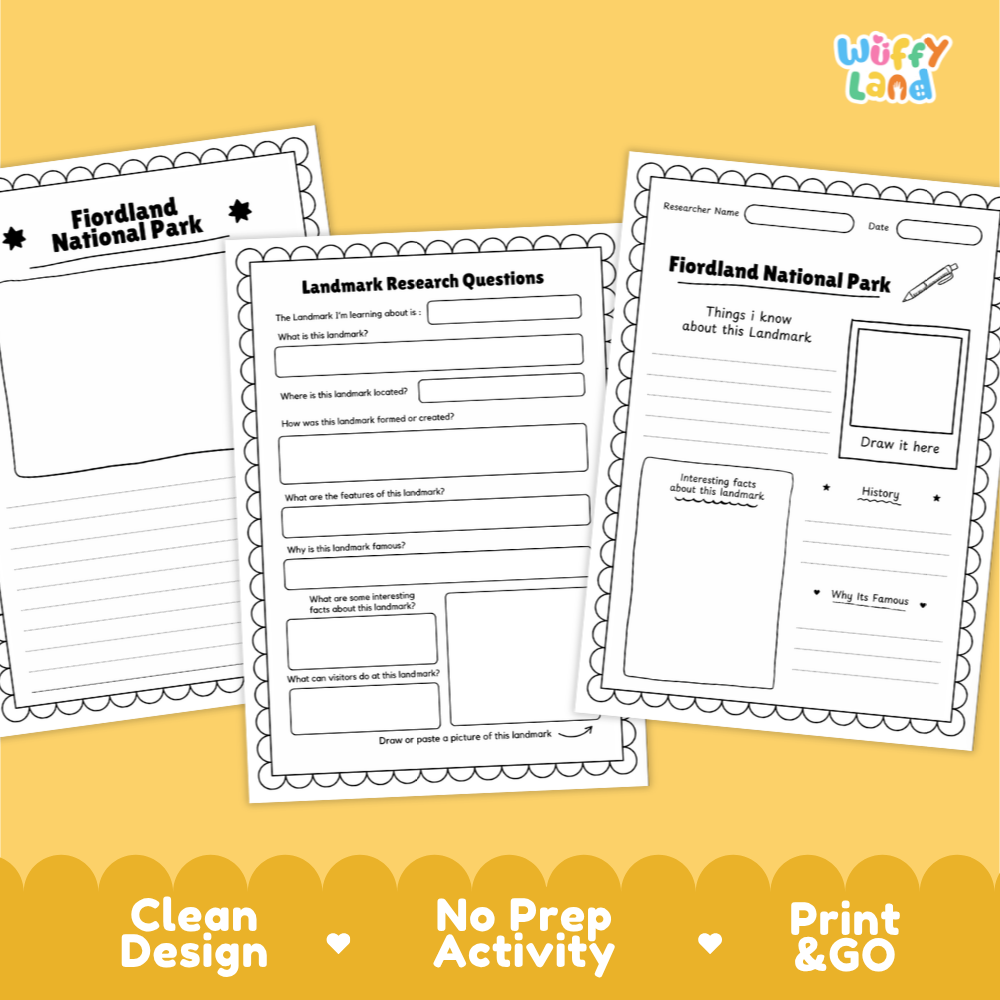 Three printable educational activity sheets for Fjorland National Park are displayed on a warm yellow background. The sheets include writing prompts, research questions, and a drawing area.