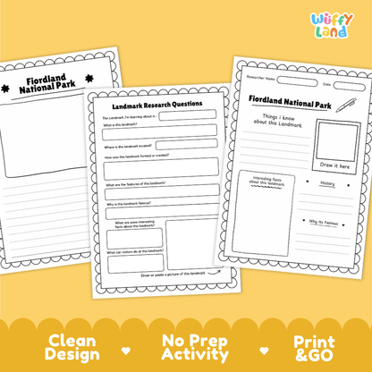 Three printable educational activity sheets for Fjorland National Park are displayed on a warm yellow background. The sheets include writing prompts, research questions, and a drawing area.