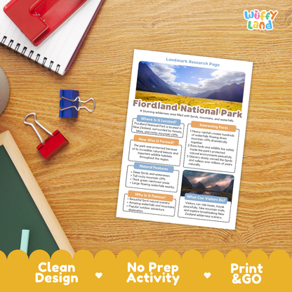 Fiordland National Park Landmark Research Page Worksheets and Fact Sheet