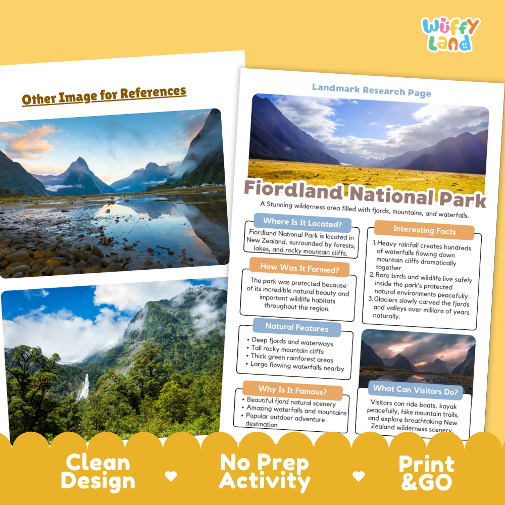 Fiordland National Park Landmark Research Page Worksheets and Fact Sheet