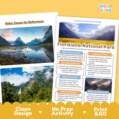 Fiordland National Park Landmark Research Page Worksheets and Fact Sheet