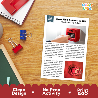 Printable student worksheet with short-answer reading comprehension questions covering fire alarms and safety